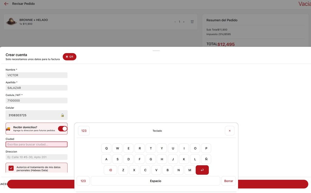 Kiosco: datos de factura con opción de QR y teclado en pantalla