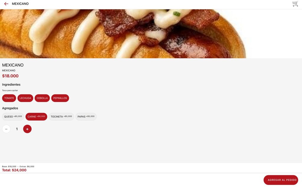 Kiosco: personalización con ingredientes, agregados y total en vivo